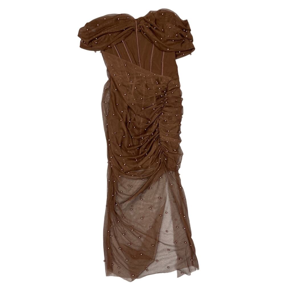 ASOS Womens Size US 2 Brown Corset Off The Shoulder Pearl Midi Dress